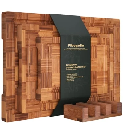 Image of Fibogollo Bamboo Cutting Boards for Kitchen Meal Prep &amp; Serving Board Set (3 Pcs)
