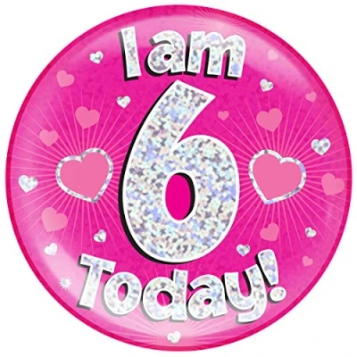 Image of OAKTREE UK 633070 6&quot; Jumbo Badge I am 6 Today Pink Holographic Dot