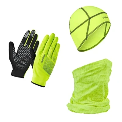 Image of GripGrab Unisex&#039;s Cycling Essentials Gift Thermal Winter Bundle Highly Visible Touchscreen Gloves, Skull Cap, Neck Warmer, Yellow Hi Vis, Medium
