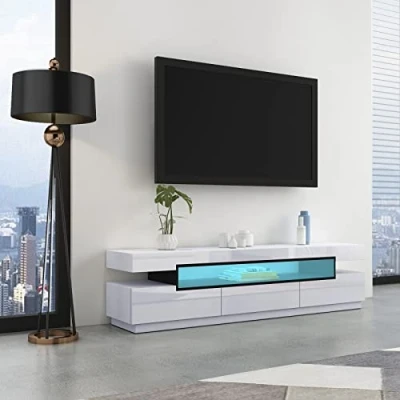 Image of Senvoziii LED TV Stand Cabinet Unit 160cm Modern White High Gloss Entertainment Sideboard Storage with 3 Drawers for Living Room
