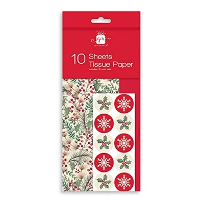 Image of 10 Sheets of Christmas Tissue Paper Traditional Holly Design Present Gift Wrapping