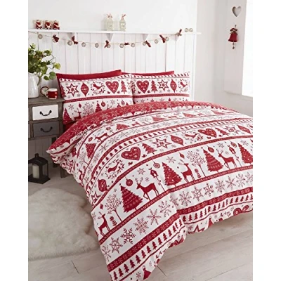 Image of Noel Quilt Duvet Cover 2 Pillowcase Bedding Bed Set Christmas Trees, Red, Super King