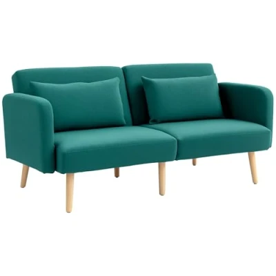 Image of HOMCOM 3/2 Seater Sofa Bed, Convertible Bed Settee, Modern Fabric Loveseat Couch with 2 Cushions for Living Room, Guest Green