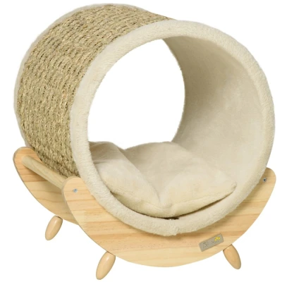 Image of PawHut Raised Cat House Kitten Bed Pet Shelter Wrapped with Scratcher Soft Cushion, 41 x 38 43 cm, Beige