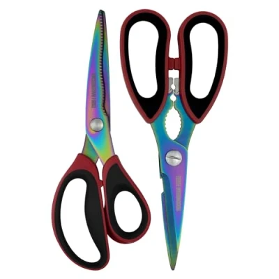 Image of Rockingham Forge 2 Piece Sharp Kitchen and Household Scissor Set, Rust Resistant, Kinked Curved 9CM Stainless Steel Blades, Nut Cracker Bottle Opener, Rainbow