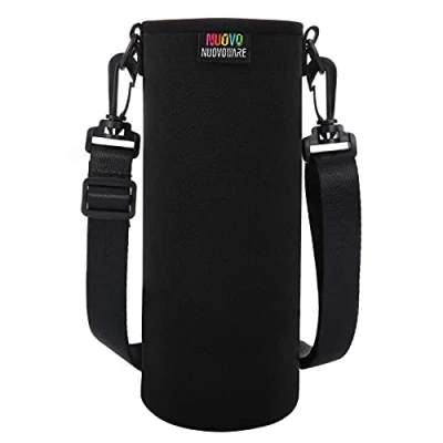 Image of Nuovoware Water Bottle Carrier Bag, Premium Neoprene Portable Insulated Sling Holder Bag 750ML with Adjustable Shoulder Strap for Men Women Kids Hiking, Case, Black