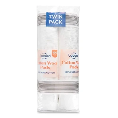 Image of Lacura Pure Cotton Wool Pads 2 x 100 Twin Pack Non Fleecing, No Shed, 100% Cotton, for Make up Removal, Discs Face, Nails, Manicure