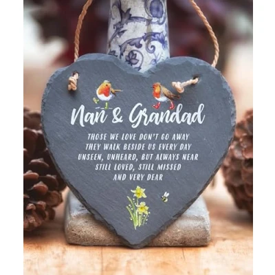 Image of Image Industry Nan &amp; Grandad Slate Heart Hanging Memorial Gift Robin Lovers