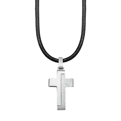 Image of s.Oliver chain with pendant stainless steel leather boys children necklace, 40+3 cm, silver, cross, Comes in jewelry gift box, 2024225