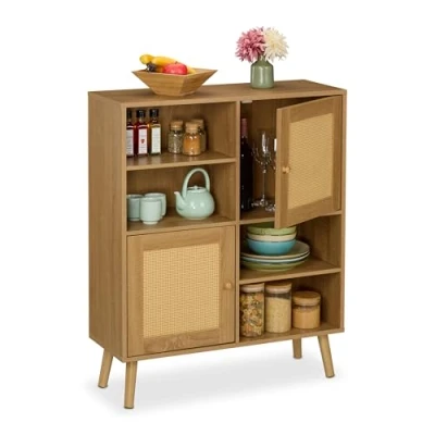 Image of Relaxdays Sideboard, 2 Rattan Doors, 4 Shelves, Compartments, 97x80x29 cm, Living Room &amp; Kitchen Cabinet, Natural, Plastic, Fibreboard, Wood