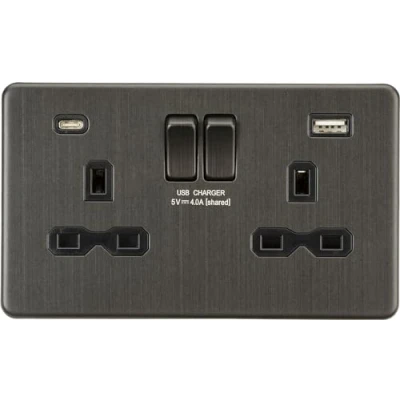 Image of KnightsBridge 13A 2G SP Screwless Switched Socket with Dual USB A+C Smoked Bronze, Black Insert
