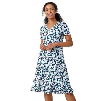 Image of Roman Originals Stretch Wrap Dress for Women UK Ladies Fit &amp; Flare Skater Summer Spring Holiday V Neckline Comfy Short Sleeve Soft Knee Length Frock Everyday Gowns Navy Size 18