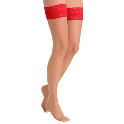 Image of Falke Lunelle 8 Denier STAY UPS Ultratransparent Shiny Overtheknee socks, Women&#039;s, Size: Large, Pow/red