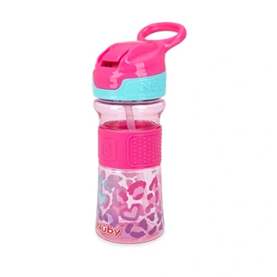 Image of Nuby Thirsty Kids No Spill Flip It Reflex Travel Cup with Soft Silicone Spout, 12 Oz, Pink Leopard