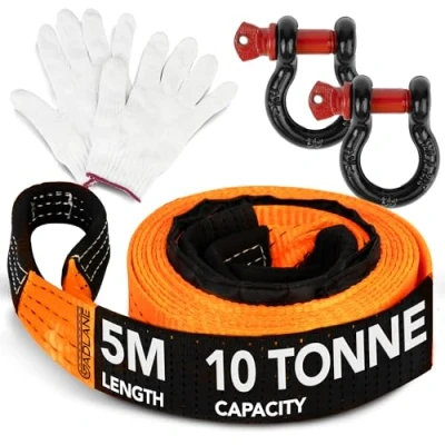 Image of GADLANE Hi Vis Tow Rope 5m x 5cm Thick, 10 Tonne Capacity (22,000Lbs) Wear Resistant Polyester with Reinforced Ends, UV Coated Strap, Heavy Duty D Ring Shackles, Storage Bag &amp; Gloves ORANGE