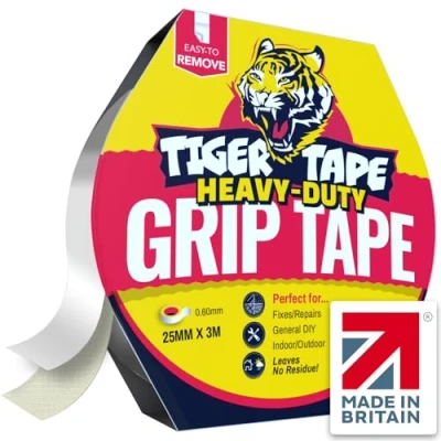 Image of Tiger Tape® UK Made. Heavy Duty Double Sided Tape. Super Strong &amp; Thick, Reinforced for Indoor/Outdoor Use Removable with No Residue Grips, DIY, Repairs, Fixes, Artificial Grass Decking.