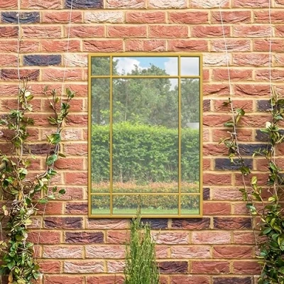 Image of MirrorOutlet The Genestra Gold Modern Contemporary Garden Wall Mirror 39&quot; X 27&quot; (100CM 70CM) Silver Glass with Black Metal Frame.…