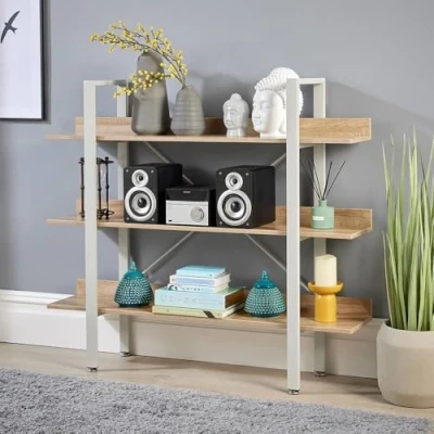Image of Home Source Urban 3 Tier Wide Bookcase Display Rack Ladder Storage, Metal Frame, Oak Effect, Grey