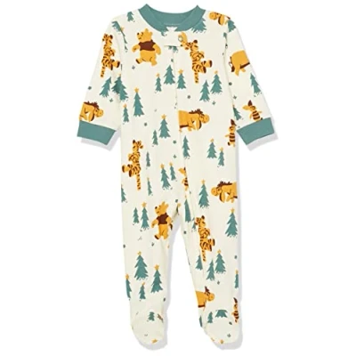 Image of Amazon Essentials Disney Marvel Star Wars Unisex Babies&#039; Snug Fit Cotton Footed Pyjamas, Pooh Holiday Forest Sleep &amp; Play, Premature