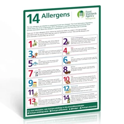 Image of 1pc Food Allergy Sign, A4 297x210mm, Self Adhesive Vinyl, Waterproof and Oil Resistant, 14 Major Allergens, Must Have Awareness Poster for UK Businesses