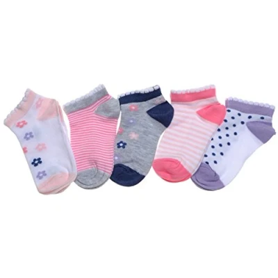Image of 5 pairs of Flowers, Stripes &amp; Spots Baby Girls Trainer socks 6 12 months