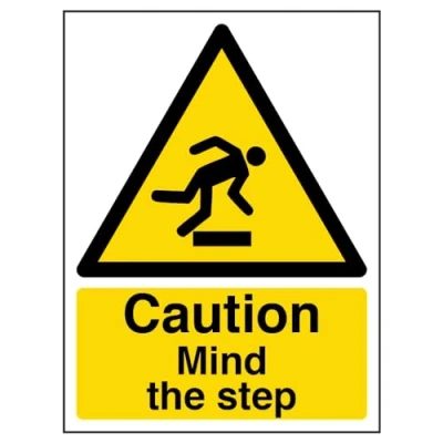 Image of V Safety Caution Mind The Step Warning Sign 150mm x 200mm Self Adhesive Vinyl