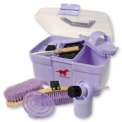 Image of Red Horse Equestrian Hoofpick Dandy Body Brush Curry Comb Sponge Grooming Kit