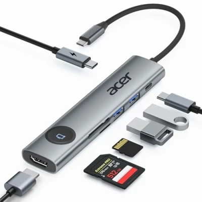 Image of acer USB C Hub, 7 in 1 to HDMI Adapter 4K@60Hz, 2 * 5Gbps 3.0 &amp; Type Data Port, 100W PD, SD Card Reader, Screen On/Off Button Compatible with MacBook Pro/Air, iPad Switch, XPS