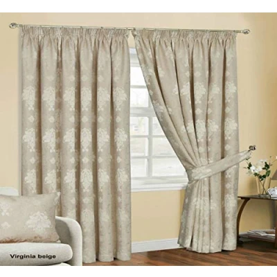 Image of Householdfurnishing Redy Made Luxury Jacquard Fully Lined Curtain Pair Pencil Pleat With Free Tie Backs (Beige Curtain, 66&quot; x L 90&quot;)