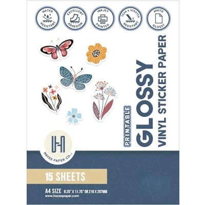 Image of Hayes Paper Co. Printable Vinyl Sticker for Printer A4 Sheets Printing Glossy Paper, Waterproof Inkjet in Gloss White (15 Sheets)