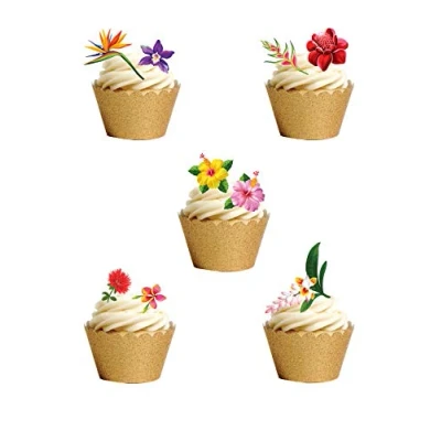 Image of 33 Gorgeous Mixed TROPICAL Flower Edible Wafer Paper Cake Toppers Decorations