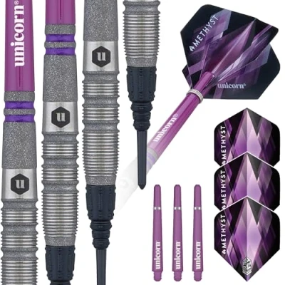 Image of Unicorn Professional Darts Set Amethyst 3 80% Natural Tungsten Gripper Finish Barrels with Purple Accents &amp; Laser Etched U Logo Hallmark Soft Tip Epic Points 19 g
