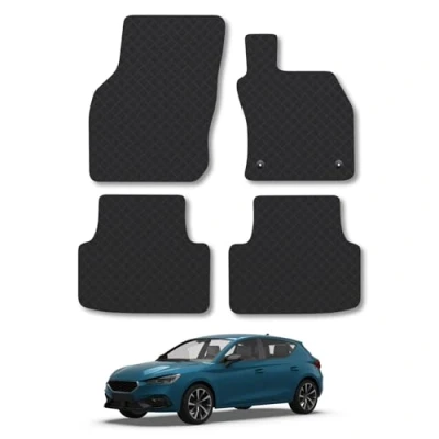 Image of Rubber Car Mats Compatible with Seat Leon (2020 ) Tailored Fit Floor Set Accessory Black Custom 4 Pieces Clips Anti Slip Backing, Heavy Duty &amp; Waterproof