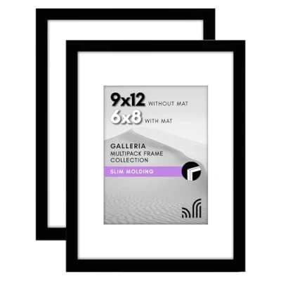 Image of Americanflat 9x12 Picture Frame in Black Set of 2 Use as 6x8 with Mat or Without Includes Sawtooth Hanging Hardware for Horizontal Vertical Display