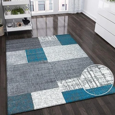 Image of Vimoda designer modern living room rug in turquoise, grey and white with tile look, short pile, dimensions: 80 x 150 cm