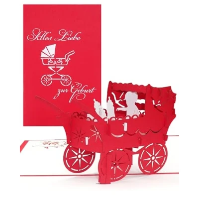 Image of 3D Card for the Birth &quot;Girl Prams&quot; Pop Up Cards Congratulations 1st Birthday as Voucher, Small Gift, Gift &amp; Packaging