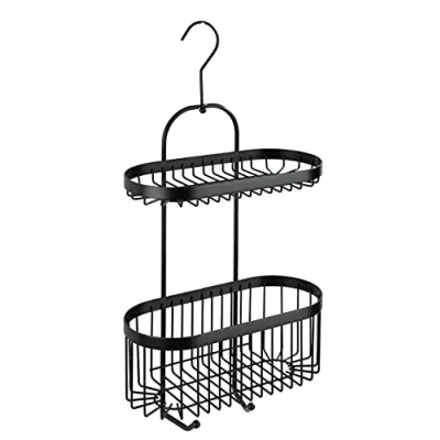 Image of WENKO Classic Plus Black Steel Wall Shelf with Hooks, 35 x 10.5 12.5 cm, Black, 26,5 47 12,5 cm