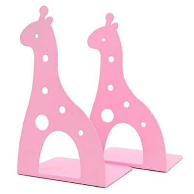 Image of Cute Cartoon Giraffe Shape Nonskid Metal Bookends Book End Books Holder Desk Organizer for Kids Gift Home Office Decoration (Pink)
