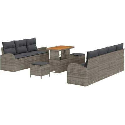 Image of vidaXL 10 Piece Garden Sofa Set with Cushions Grey Poly Rattan Acacia
