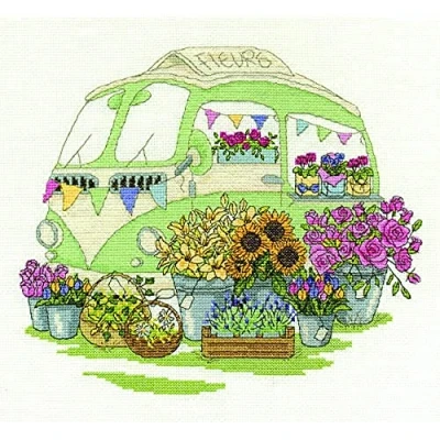 Image of DMC Flowers Cross Stitch Kit, Includes Aida 14 Count Fabric, Embroidery Thread, Needle and Instructions