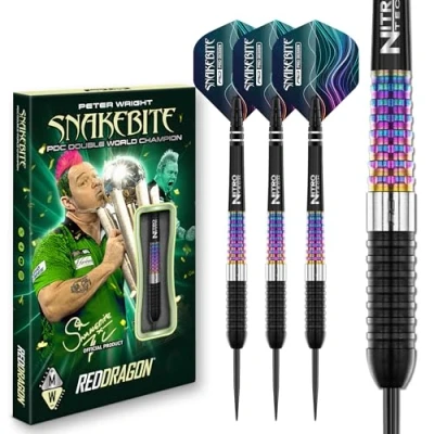 Image of RED DRAGON Darts Professional Player Peter Wright Snakebite Corra 23g 90% Tungsten Steel tip Set with Dart Flights and Shafts (Stems)
