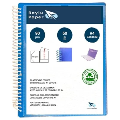 Image of Raylu Paper® Ring Folder with A4 90 Micron Clear Sleeves and Envelope Velcro Closure, Customizable Cover, 100% Biodegradable Sleeve Binder (50 Pockets, Blue)