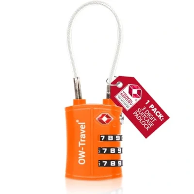 Image of TSA Approved Luggage Locks (1 Pack) OW Travel 3 Digit Heavy Duty Zinc Alloy Security Cable Padlock, Combination Padlocks, Code Lock for Suitcase, Zipper, Luggage, Bag, Case, Gym Locker (Orange)