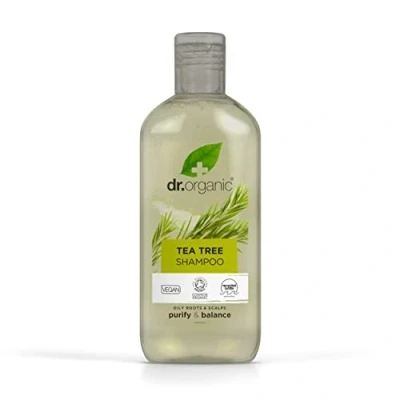 Image of Dr Organic Tea Tree Shampoo, Purifying, Oily Roots &amp; Scalps, Natural, Vegan, Cruelty Free, Paraben SLS Recyclable Recycled Ocean Bound Plastic, Certified Organic, 265ml, Packaging may vary