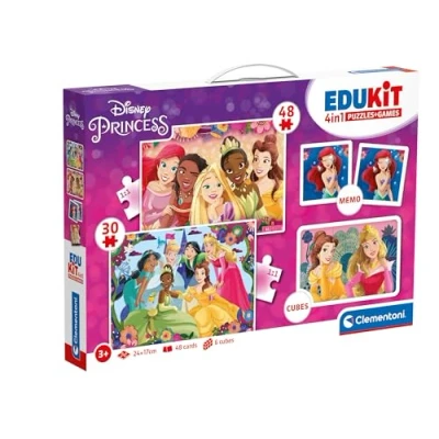 Image of Clementoni Educational Game Edukit 4 In 1 Disney Princess (Jigsaw Children Puzzle 30 Pieces and 48 Pieces, 6 Cubes, Memo), For 3 5 Years, Gift Boy/Girl, Made Italy, 18297