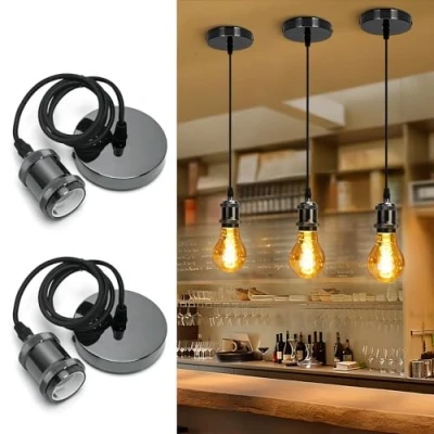 Image of Aigostar Chrome Pendant Light Fitting, Black Fitting with E27 Lamp Holder, Ceiling Rose 2 Pack