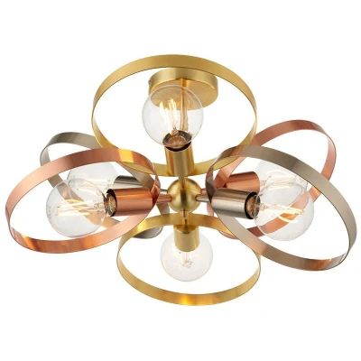 Image of Hoop Multi Arm Semi Flush Ceiling Light Satin Brass, Brushed Copper Plate