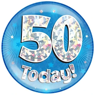Image of 6&quot; Jumbo Badge 50 Today Blue Holographic Cracked Ice