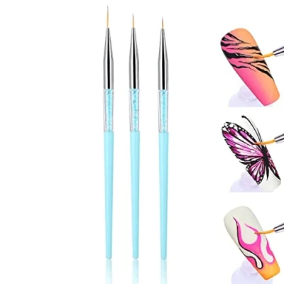 Image of 3pcs Nail Art Dotting Liner Brush, UV Gel Painting Pen, Polish Drawing Tool Set Rhinestone Handle for Nails, Detail Brush Acrylic Nail, Cleaning Nails (Blue)