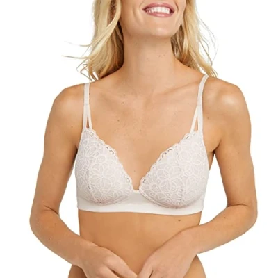 Image of MAIDENFORM Womens Wireless Bra, Pure Comfort Soft Support Longline Wirefree Comfortable Lace Sandshell, XL UK